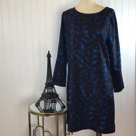 💖 J. Crew Factory | 3/4 Sleeve Gallery Shift Dress Blue Black Leaf Floral Siz - Picture 3 of 6